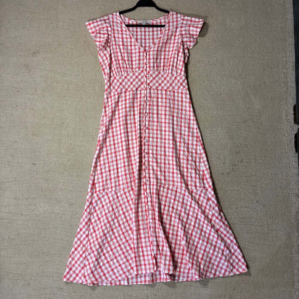 Loft Women 8 Button Front Cottagecore Red Gingham Flutter Sleeve Maxi Dress